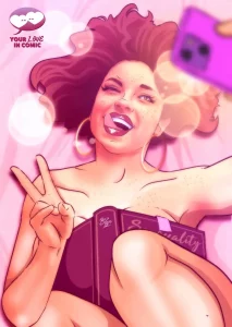 Ejemplo de ilustración artística sensual para decorar el dormitorio. Arte personalizado íntimo y romántico para sorprender a tu pareja. Ejemplo con una chica sexy sacándose un selfie