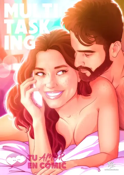 ilustración personalizada para parejas - regalos románticos personalizados - ilustracion-final-multitasking-pareja regalos de San Valentín - Tu Amor en Cómic